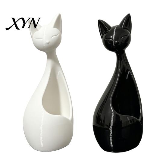 Desktop Succulents Holder Cute Cat-Shaped Sculpture, Hollow Out Ceramic Kitty Flower Pot with Smiling Face, Adorable Modern Planter Decor &