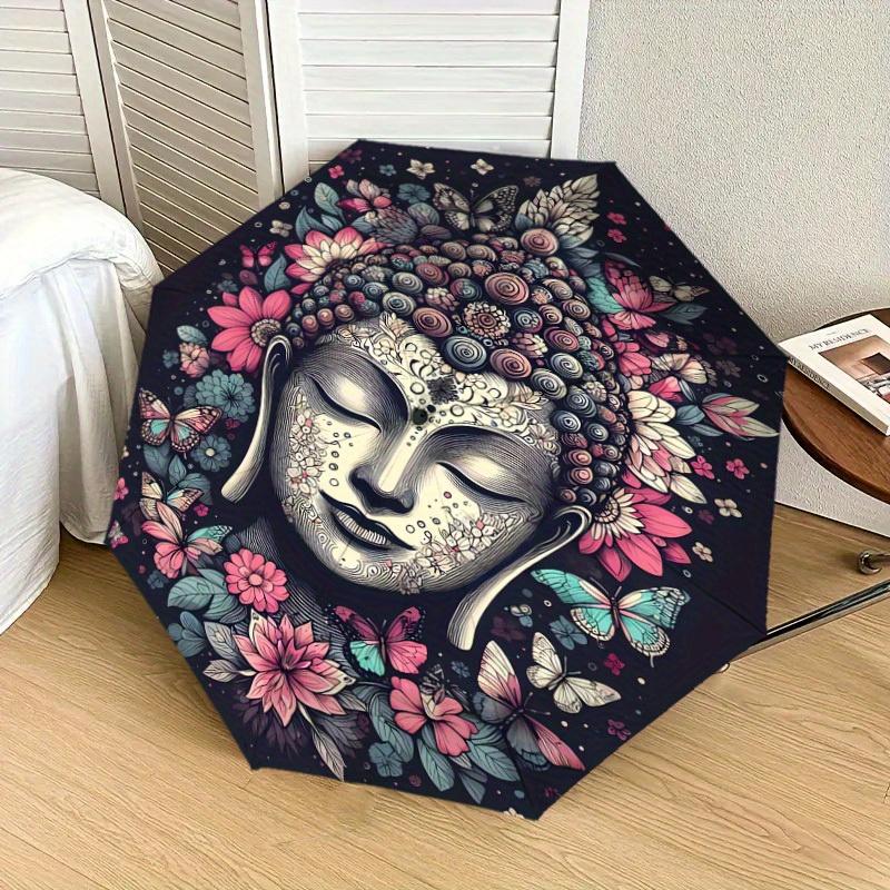 1pc Buddha Flowers Print Umbrella -Home Travel Portable Outdoor Accessories, Multi-functional Umbrella Gift0817003