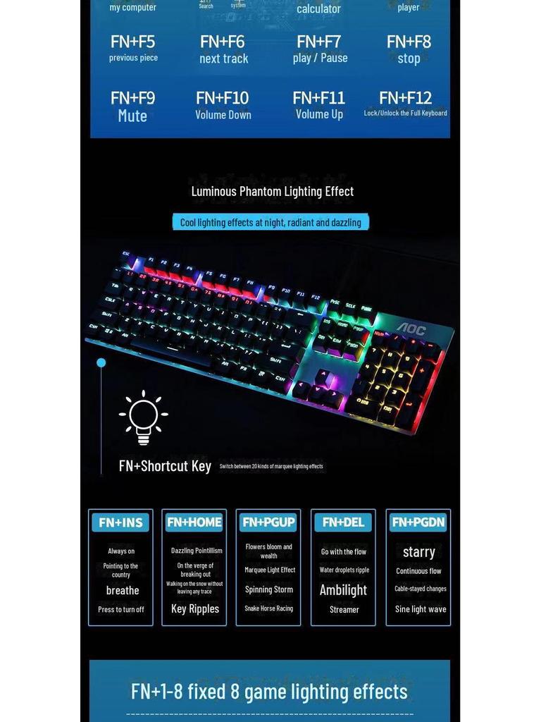 AOC GK410 Wired Mechanical Keyboard, USB, RGB Lighting, Green/Black Switches for Gaming