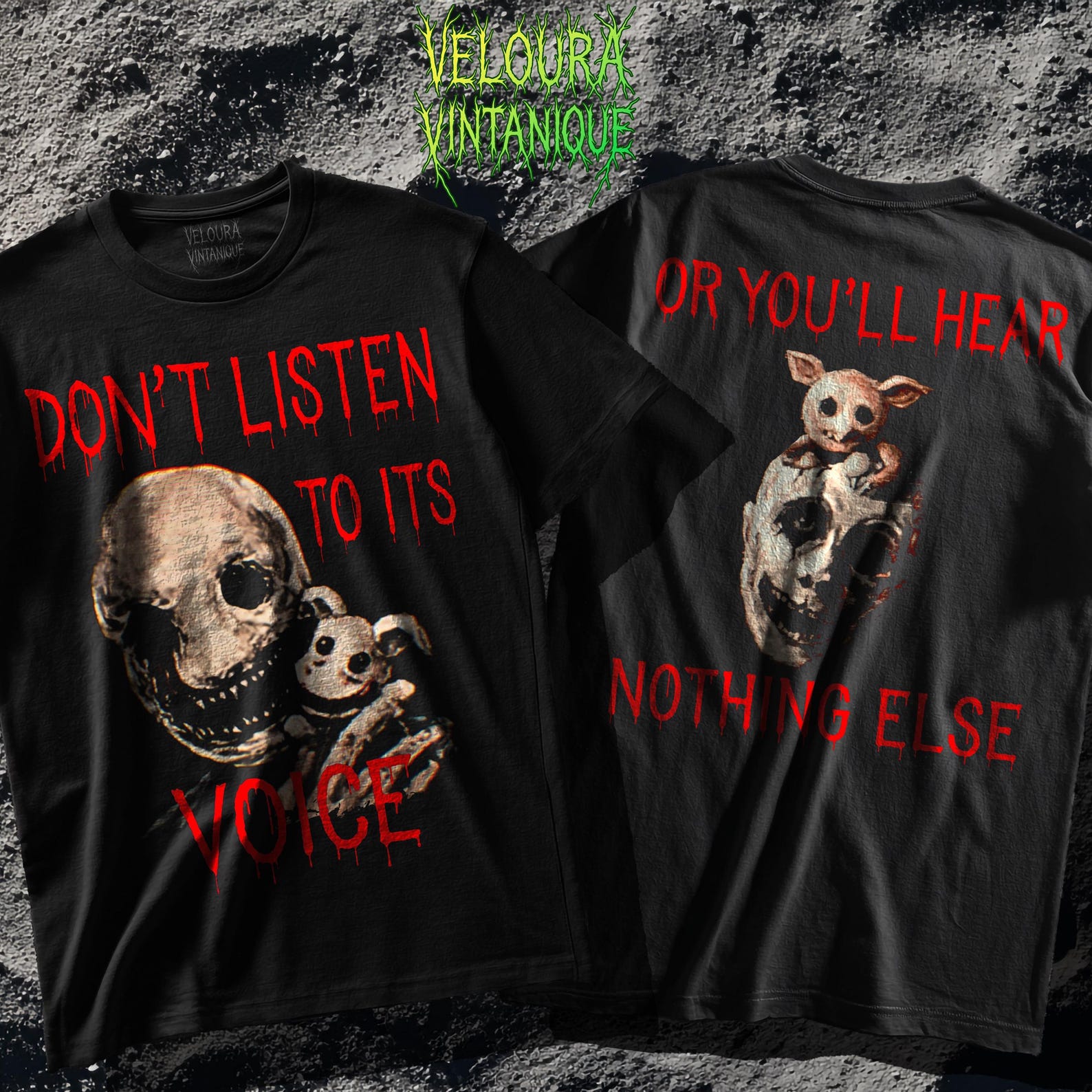 Analog Horror Graphic Tee: Creepy Skull, Puppet, and Dripping Text L