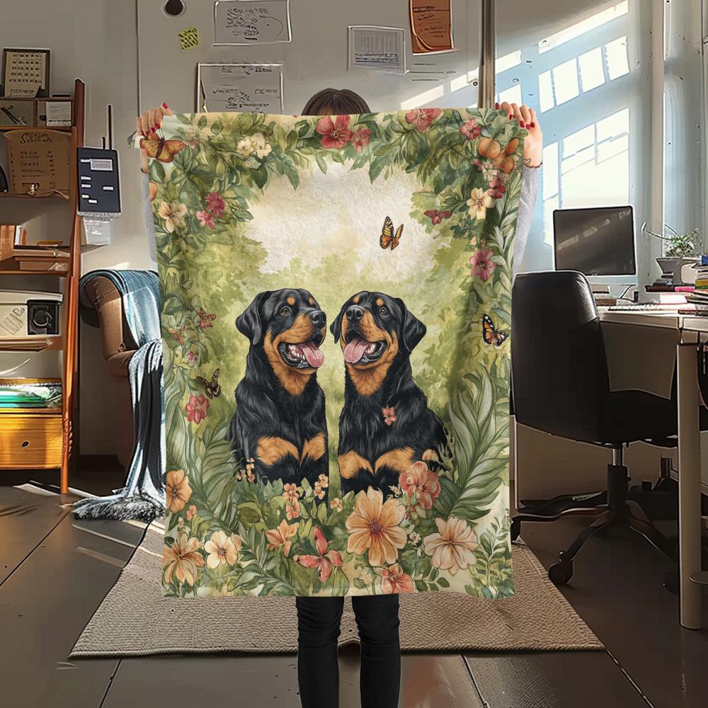 Rottweiler and Garden,pattern Flannel Blanket, High quality Comfortable for All Seasons, Home Decor, Warmth and Comfort, Perfect for Gifts.
