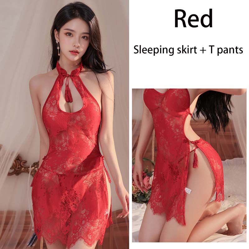 Sexy Lace Invitation Qipao Underwear Set Large Size Strap See-through Passion Sleepwear Uniform Attraction Excitement Innerwear