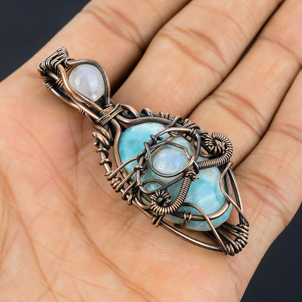 Larimar Pendant Gemstone Jewelry, 999 Copper Wire Wrapped Pendant, Handmade Jewelry Birthstone Pendant, Gift For Him