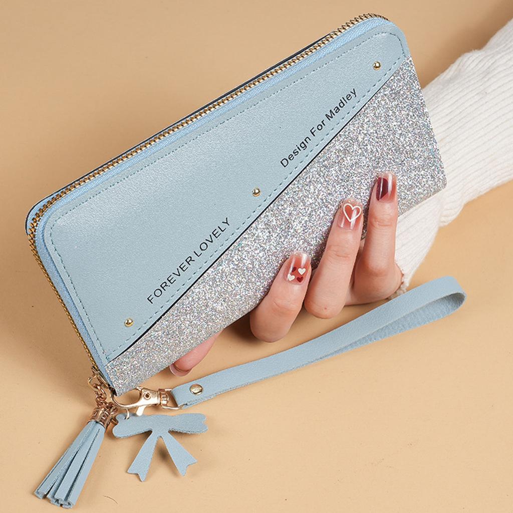 Long Zipper Wallet Ladies Spliced Color Block Tassel Versatile Card Holder Mobile Phone Bag Fashionable Ladies Accessories