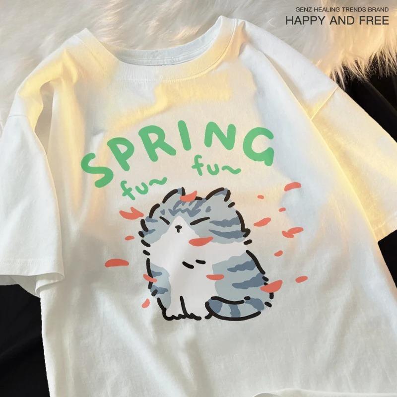 

Мультяшный милый узор с кошкой и собакой, забавная мужская футболка, свободная футболка, футболки, уличный крутой винтажный топ с коротким рукавом, женская M