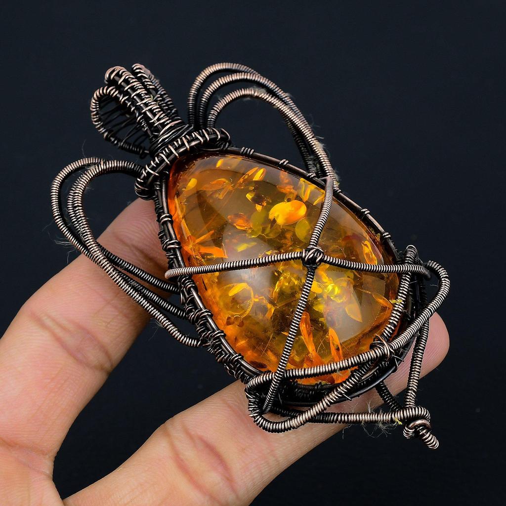 Baltic Amber Pendant, 999 Copper Wire Wrapped Gemstone Jewelry, Handmade Pendant For Mother Day