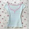 T-Shirts Damen Gestreift Bedruckt V-Ausschnitt Knopf Kurzarm Frühling Sommer Schlank Grunge Gothic Y2k Harajuku Crop Tops