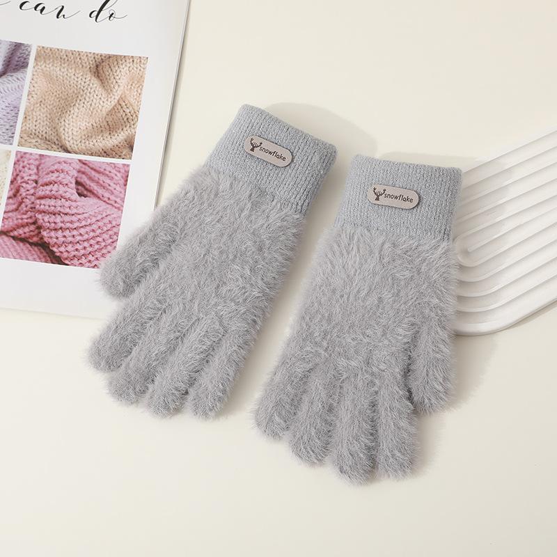Hairy gloves female winter cute color matching plush knitted wool five fingers plush thickened cycling warm