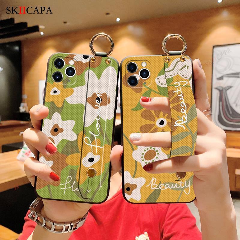 Wrist Strap Stand Case For Oppo Reno 10 pro + Vintage Flower Holder Soft TPU Silicone Shockproof Cover For Oppo reno 9 8 7 SE 6Z