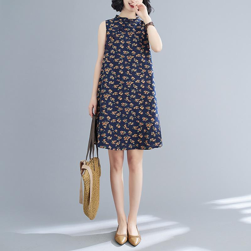 Retro Modified Disc Button Cheongsam Skirt Loose Slimming Sleeveless Printed Dress
