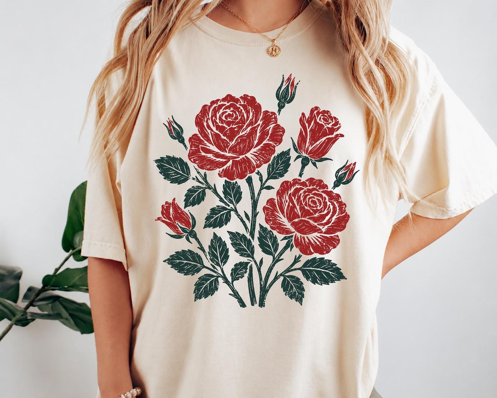 Retro Linocut Rose Shirt, Vintage Botanical Flower Tee, Cottagecore Garden Graphic Top, Woodcut Floral Artwork Gift, Nature Lover Apparel 4XL