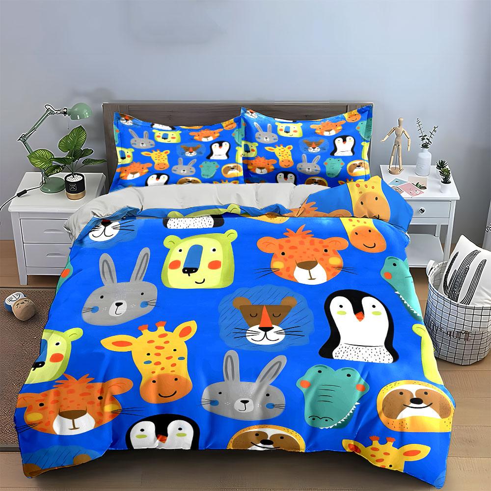 Cartoon Animal Faces Pattern Bedding Duvet Cover Set (1*Duvet Cover 2*Pillowcases, without duvet insert)