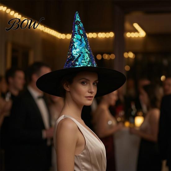 Unique Costume Witch Hat Reversible Sequin Hat, Sparkly Glitter Large Wizard Color Changing Party Halloween for Cosplay, Masquerade Eye Catching