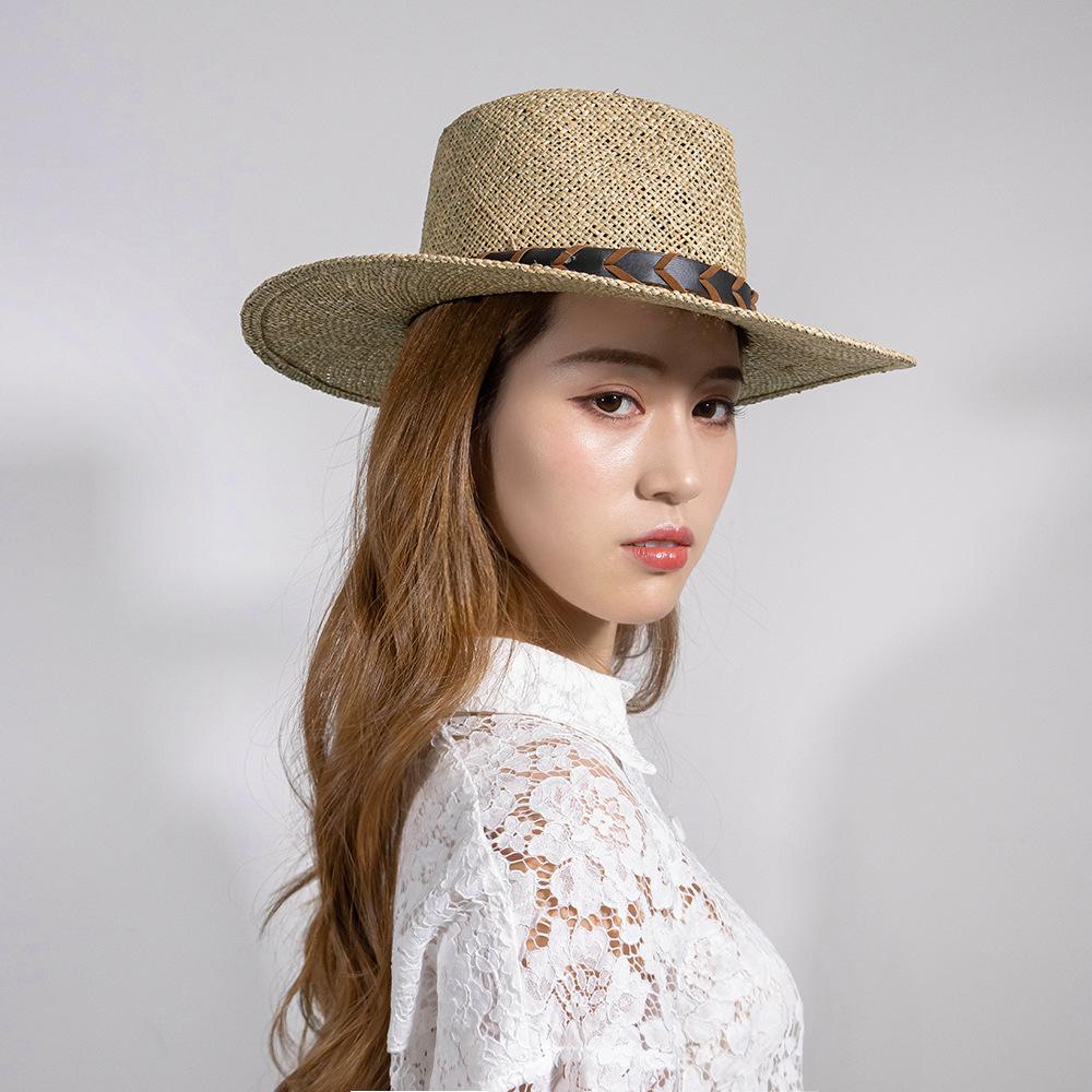 European, American spring and summer new fashion casual PU belt hand-woven seaweed jazz hat outdoor beach sunscreen shading straw hat