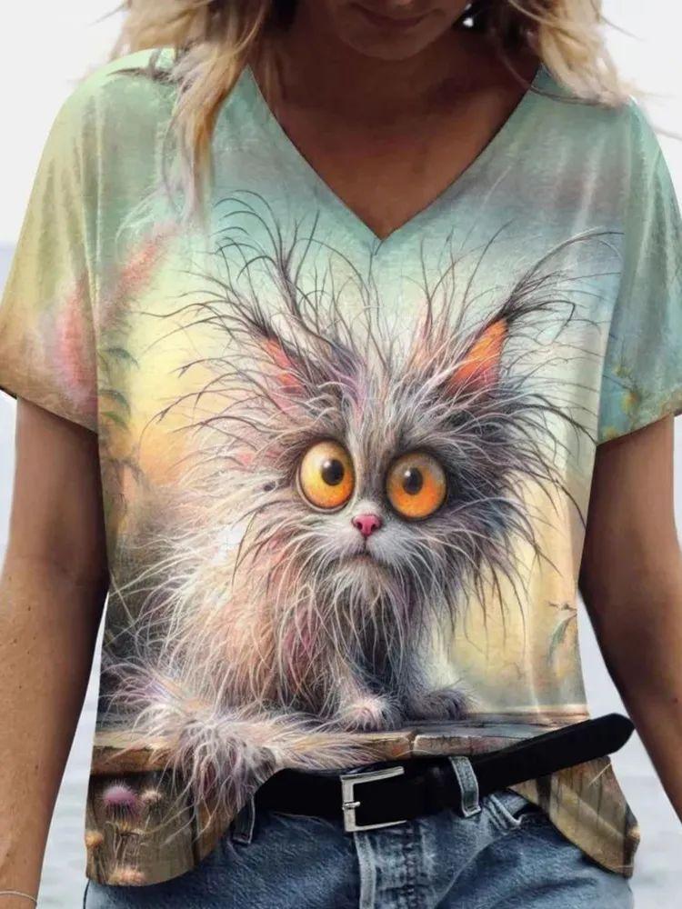 Neue Süße Katze Tier 3D Druck T-Shirts Mode Damen V-Ausschnitt Kurzarm T-Shirt Y2k Harajuku T-Shirts Lässige Oberteile Damenbekleidung
