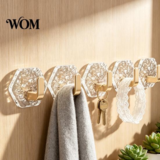 Home Organization Hooks Acrylic Adhesive Hooks, Hexagonal Wave Shape, No Drilling Easy Clear Wall Installation Hook, Modern Style for Bathroom Kitchen
