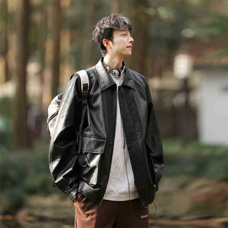 Lapel Pu Leather Jacket Men's Spring and Autumn Outdoor Loose Leather Jacket