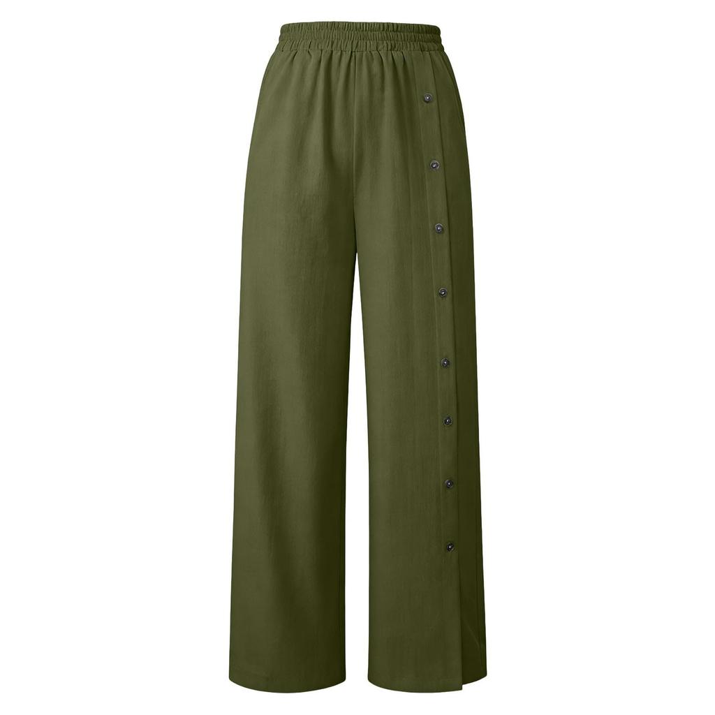 Women's Fashionable Color Button Elastic Waist Straight Tube High Waist Pocket Cotton Linen Casual Pants