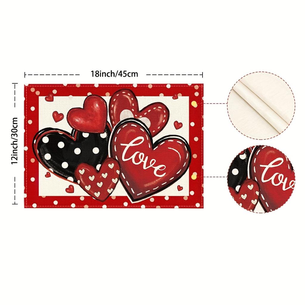 [Romantic Heart Placemats] 4/6/8pcs Heart-Shaped Red & Polka Dot Placemats | Machine-Washable Polyester, Rectangular Table Mats for Valentine's Day