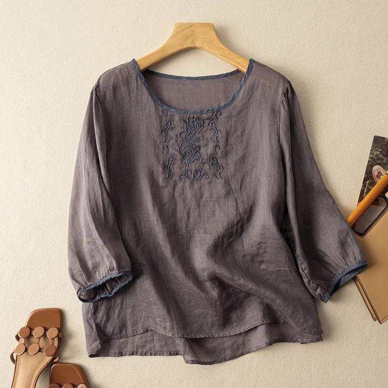 2024 Summer Retro Embroidered Cotton-Linen Colorblock Chinese Style Pullover Shirt