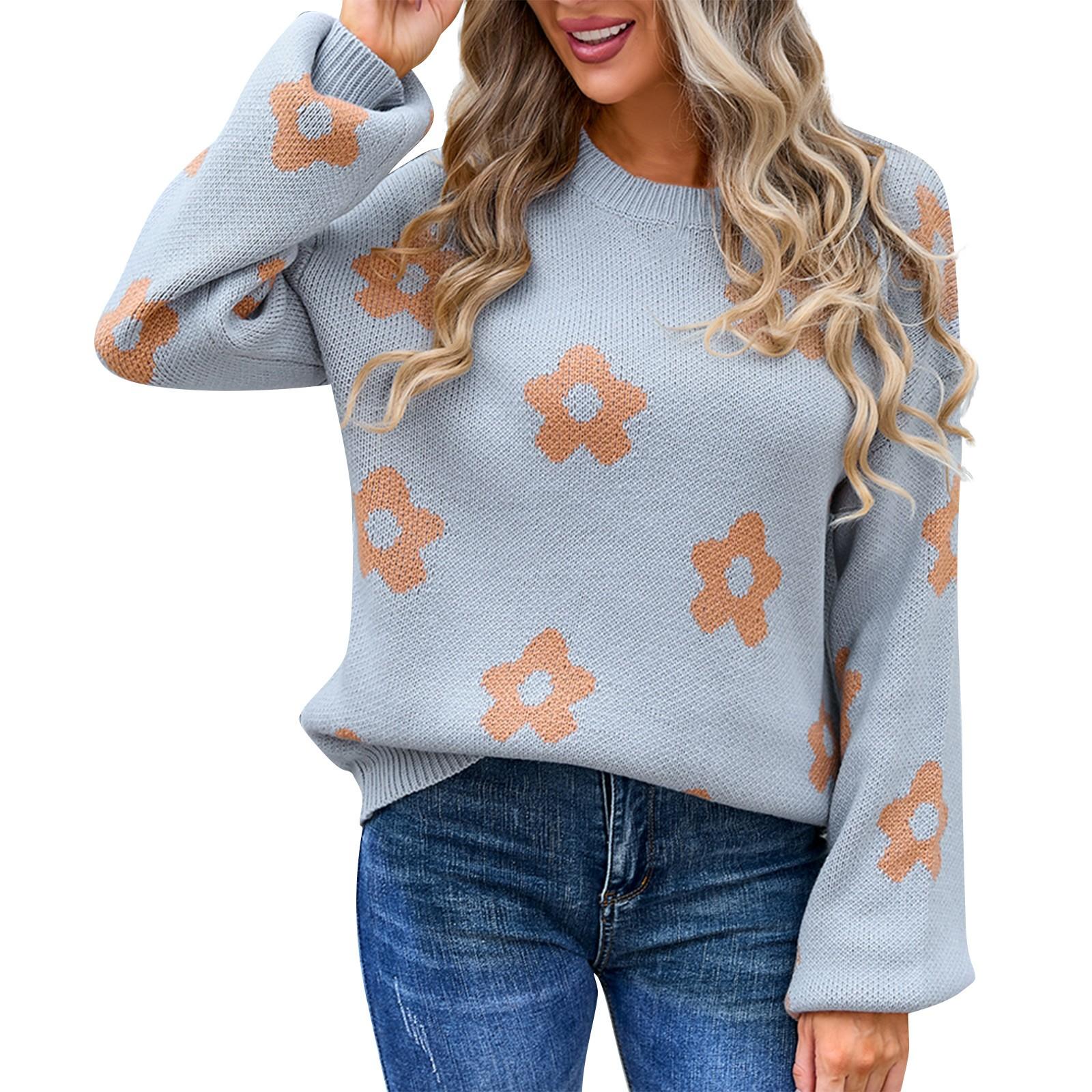 

Женский повседневный модный удобный пуловер с круглым вырезом контрастного цвета с цветочным принтом и длинным рукавом уличный тренд вязаный свитер M