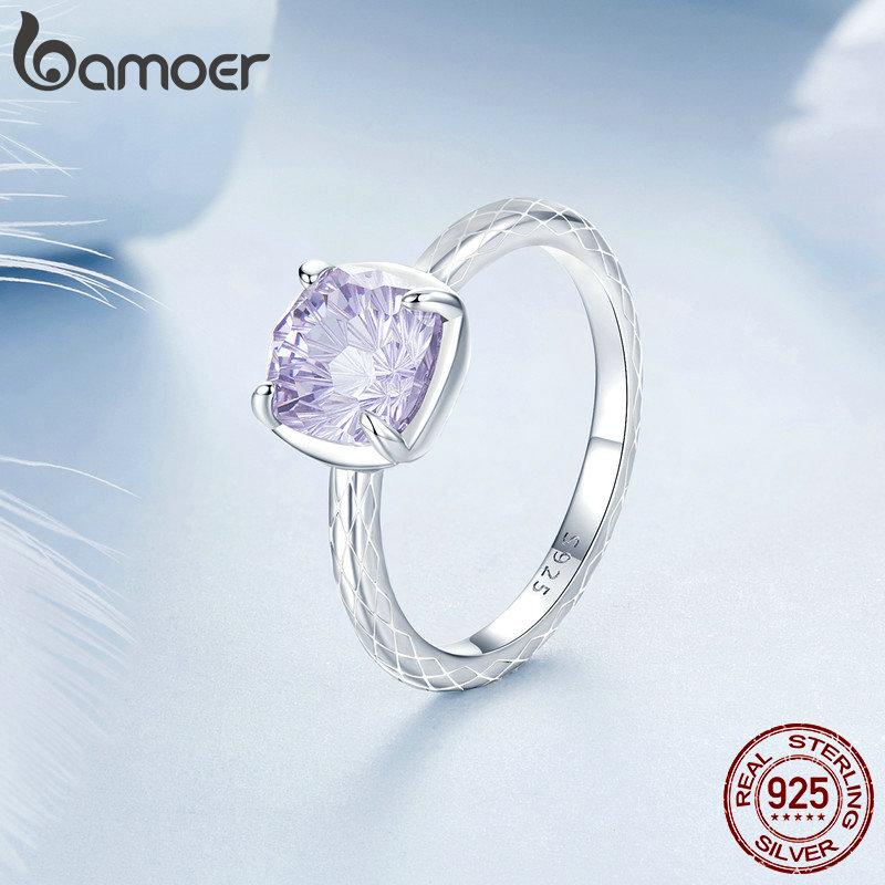 BAMOER 925 Sterling Silver Sparkling Square Gemstone Ring for Women White Gold Plated Pattern Ring Fine Jewelry Gift BSR573