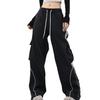 Women's Retro Color Block Hip Hop Cargo Sweatpants - Loose Wide-Leg Floor-Length