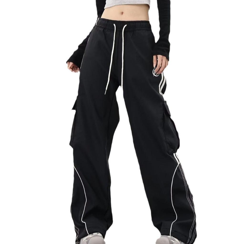 Women's Retro Color Block Hip Hop Cargo Sweatpants - Loose Wide-Leg Floor-Length