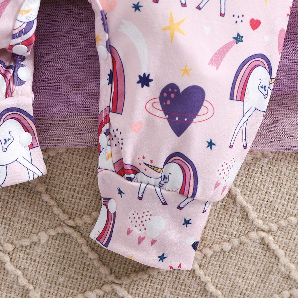 1-9 Months Newborn Baby Girl Cute Unicorn & Heart All-over Print Long Sleeve Romper