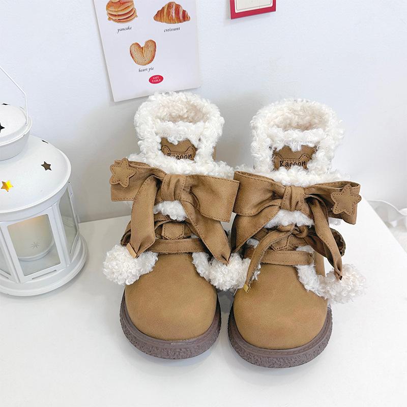 

Модные теплые плюшевые сапоги 2025 года, зимние новые плюшевые милые круглые сапоги на плоской подошве, модные повседневные женские зимние сапоги с бантом, Zapatos Mujer 38 коричневый