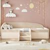 Cama Estofada Cama Infantil 90*190cm, Cama Multifuncional, Com Degraus e Grades de Proteção, Tecido de Veludo Amigo da Pele, sem Colchão Bege