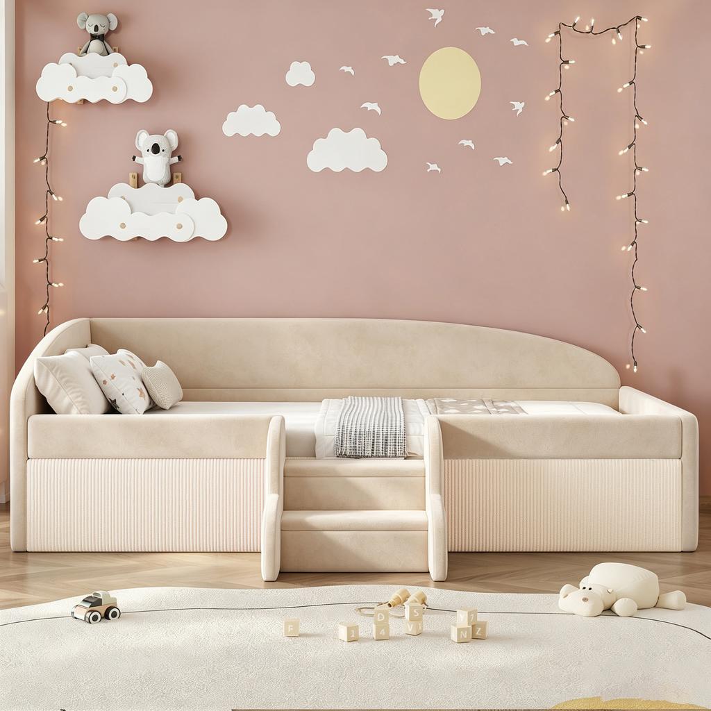 Cama Estofada Cama Infantil 90*190cm, Cama Multifuncional, Com Degraus e Grades de Proteção, Tecido de Veludo Amigo da Pele, sem Colchão Bege