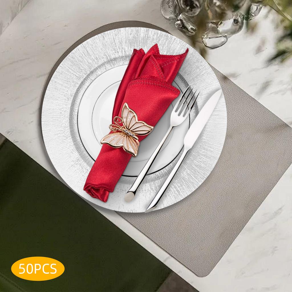 50pcs Silver Charger Plate Set - Round Modern Disposable Plates for Wedding, Party, Banquet - Elegant PP Plastic Serving Trays