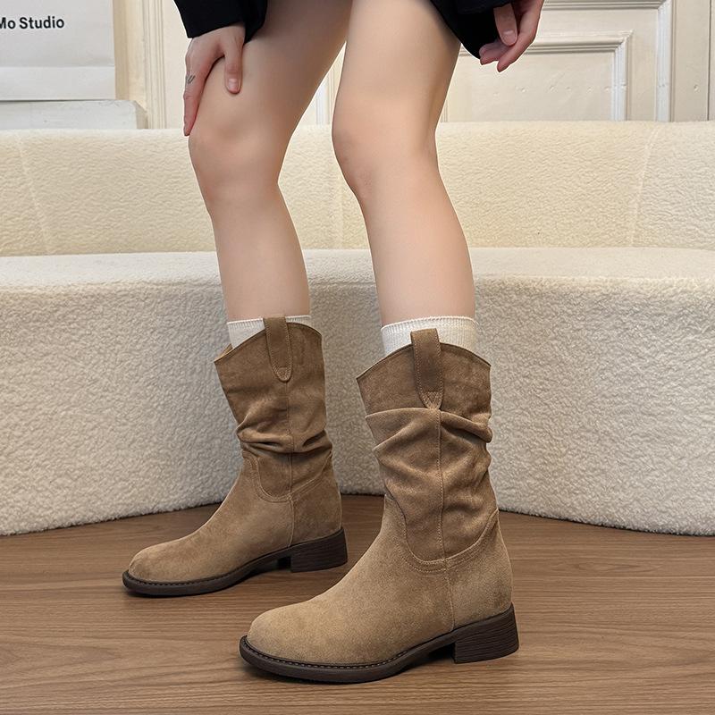 Soft Leather Version~ Western Pleated Short Boots Women'S Stacking Boots Retro British Style Small Inner Height Increase Short Martin Boots