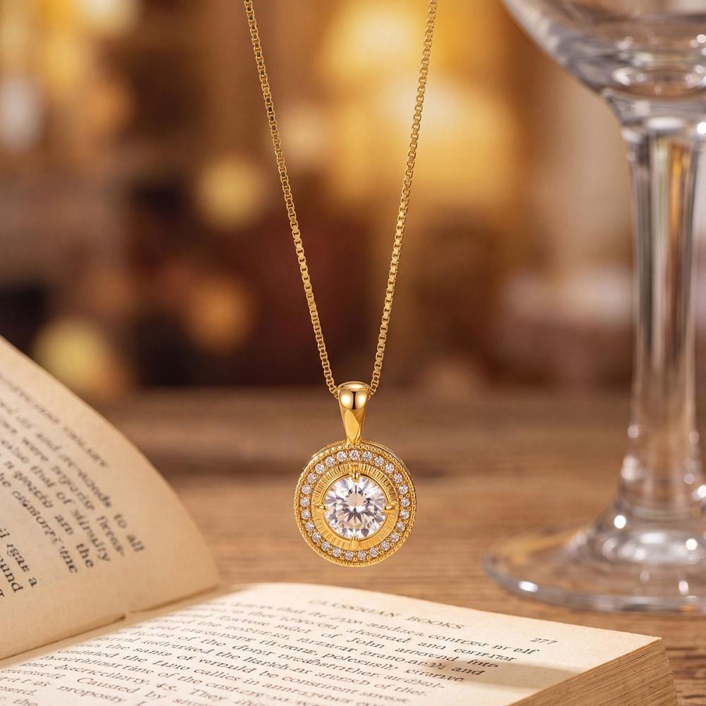 Elegant Female Crystal White Zircon Stone Round Pendant Necklace Vintage Gold Color Wedding Jewelry For Women