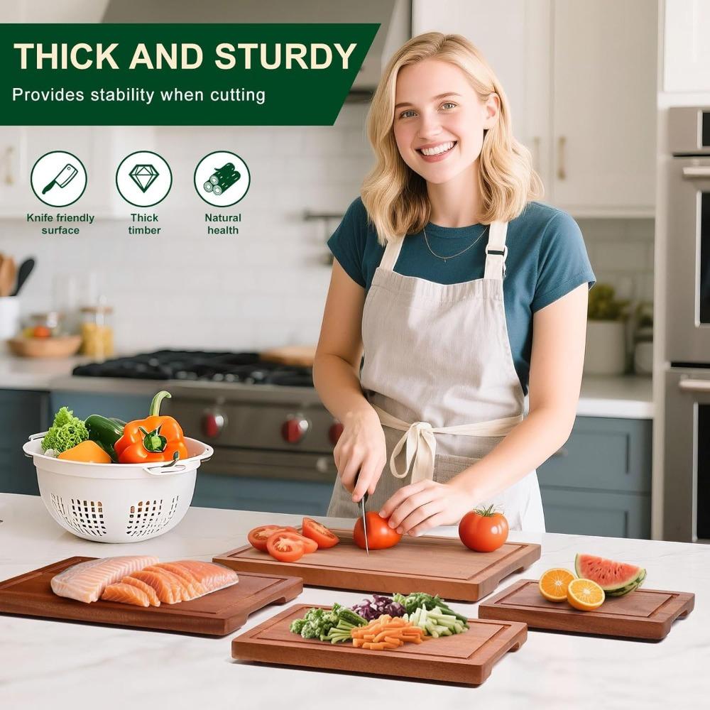 Set of 4 Non-Toxic Solid Sapele Wood Cutting Boards with Holder and Juice Grooves for Kitchen
