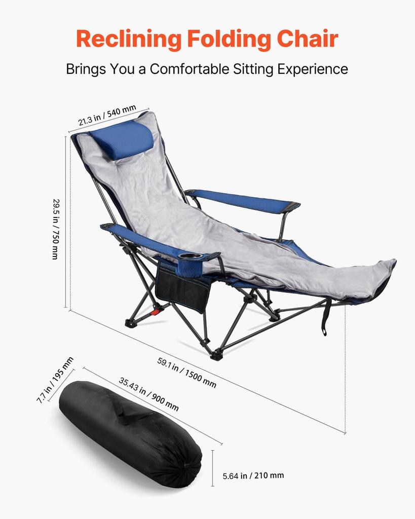 Reclining Camping Chair, 4 Adjustable Positions, Portable Folding Lounger for Adults, Mesh Beach Chair with Footrest & Plush Cushion, Supports 220