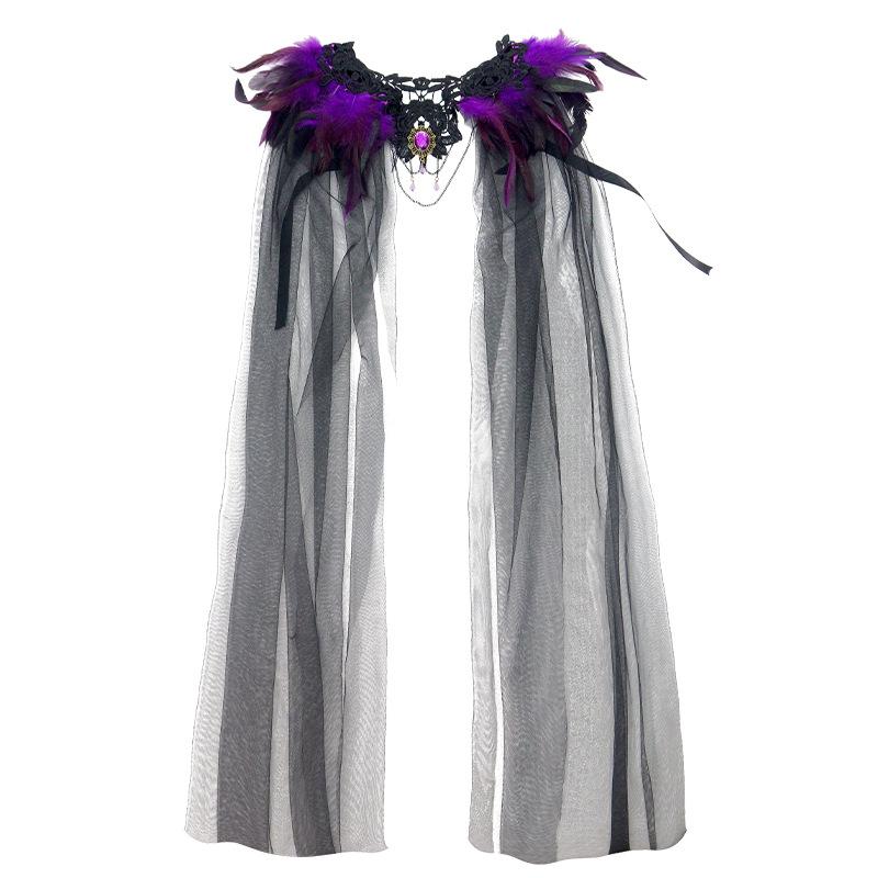 2026 New Fashion Halloween Soft Feather Cloak Black Fur Collar Hollow Lace Mesh Cape Festival Role Costume Cosplay Costumes