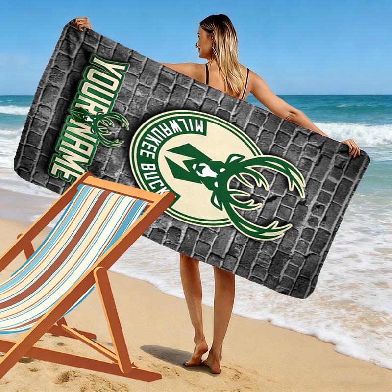 Name Custom Milwaukee Bucks Print Beach Towel, Large Soft Quick Dry Towel for Beach Camping Swimming