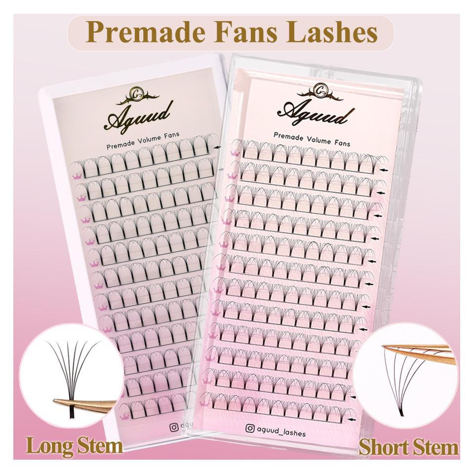 AGUUD 3D 4D 5D 6D Premade Volume Fans Short Stem Russian Volume Eyelash Extensions Soft Natural Long Stem Makeup Individual Lash