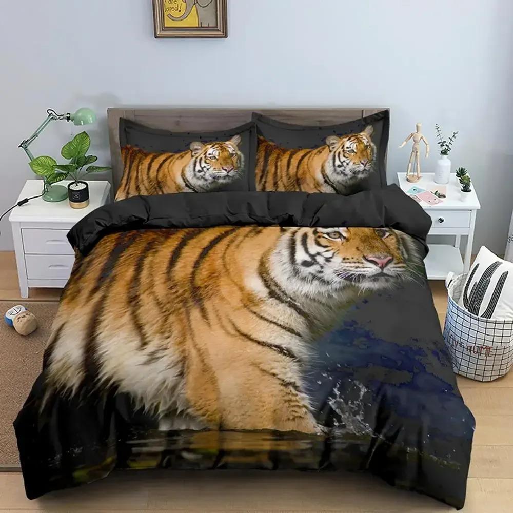 Tiger Duvet Cover Set King Size Wild Theme Bedding Set Animal Pattern Comforter Cover Animal Theme Sunset Polyester Quilt Cover