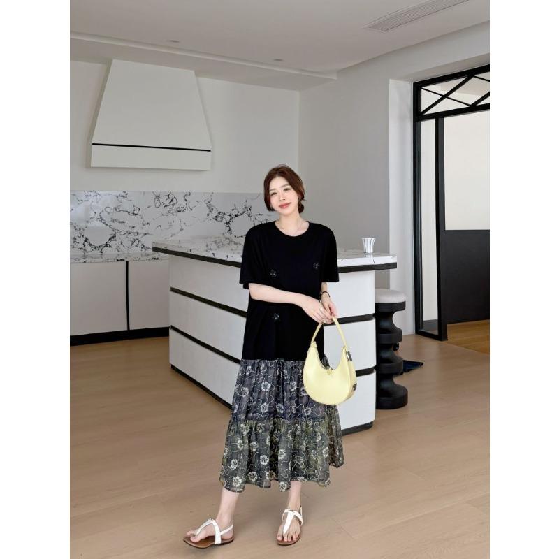 DIMANAF 2026 Plus Size New Dress Summer Women Beach Shirt Dress Black Floral Loose Casual Long Dresses O-Neck