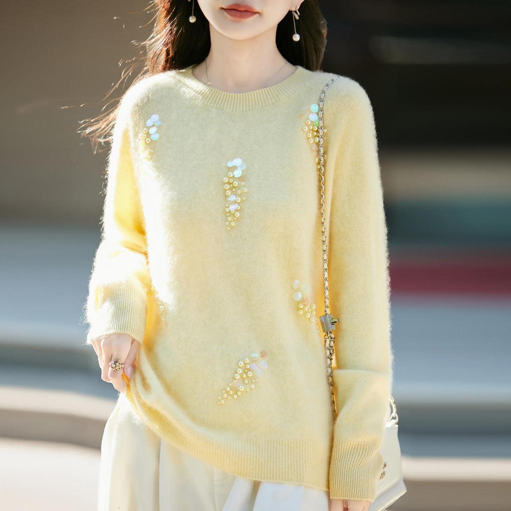 2026 Fall/Winter Women's Wool-Cashmere Beaded Round Neck Sweater