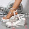 Fashion Rhinestone Flower Wedge Heel Sandals for Women Summer 2025 Bohemian Style Beach Shoes Woman Transparent PVC Platform Sandalias