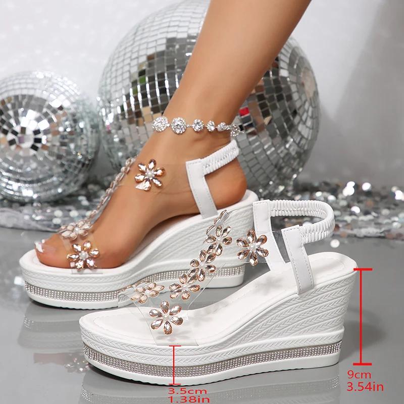 Fashion Rhinestone Flower Wedge Heel Sandals for Women Summer 2025 Bohemian Style Beach Shoes Woman Transparent PVC Platform Sandalias
