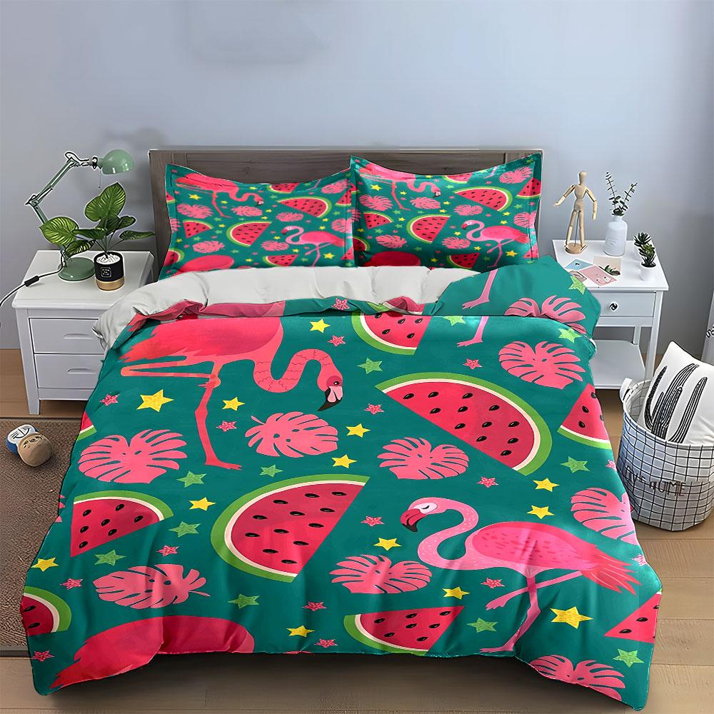 Flamingo & Watermelon Bedding Set Bedding Duvet Cover Set Duvet Cover Pillowcases (1 * Duvet Cover 2 * Pillowcases, Without Duvet Insert)