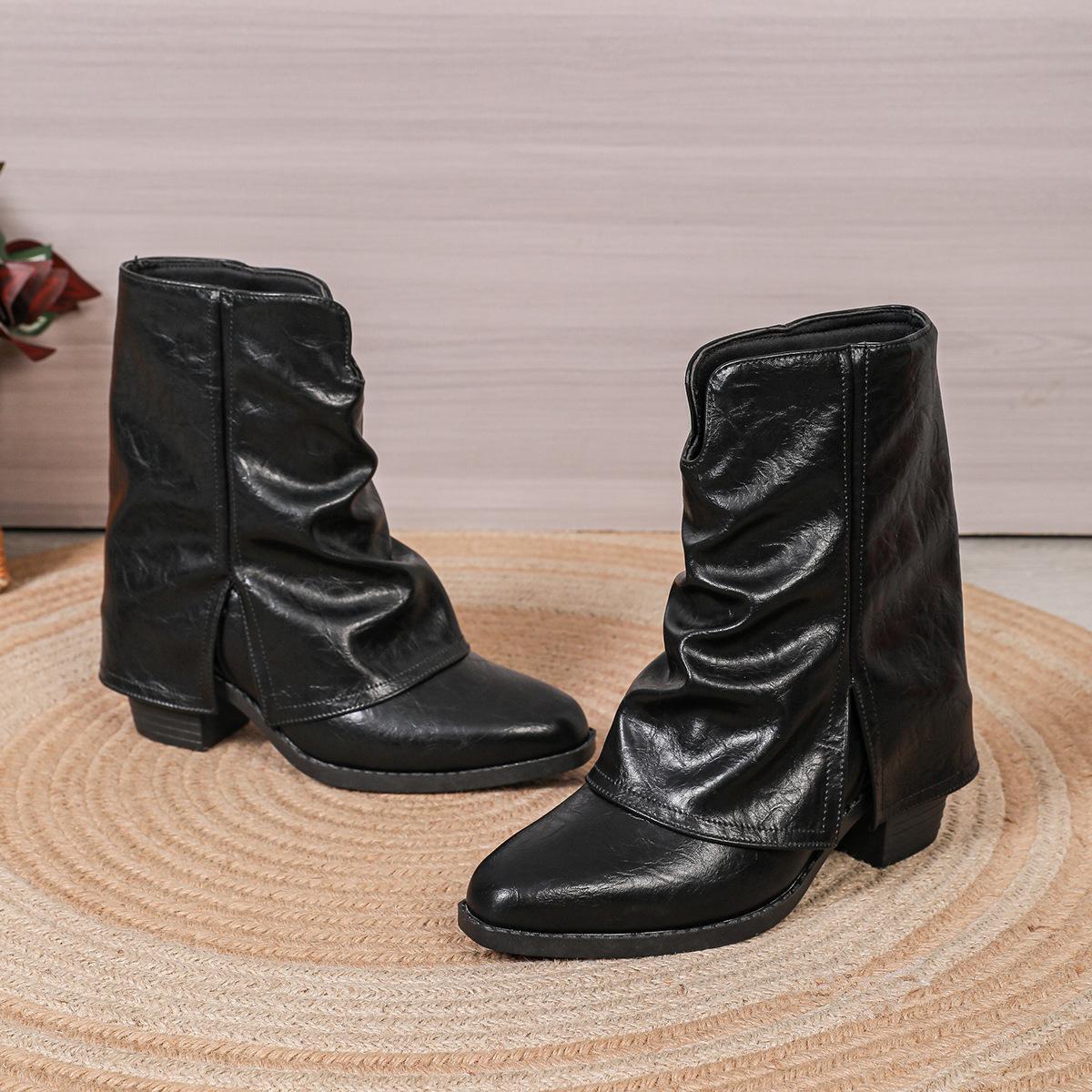 

British Style Pointed Toe Trousers Boots for Women Stacked Mid-Calf High Boots Autumn Plus Size 36-43 Bottes Femmes Leather 36