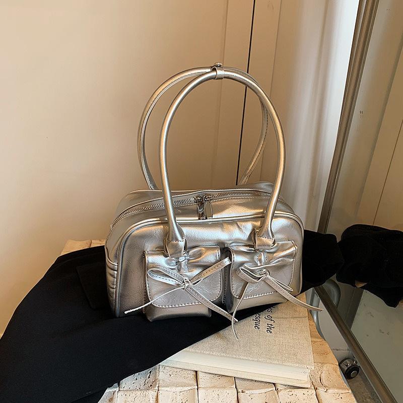 Today'S Popular Silver Bow Shoulder Armpit Bag Women'S Handbag Sweet Cool Bowling Bag Locomotive Bag