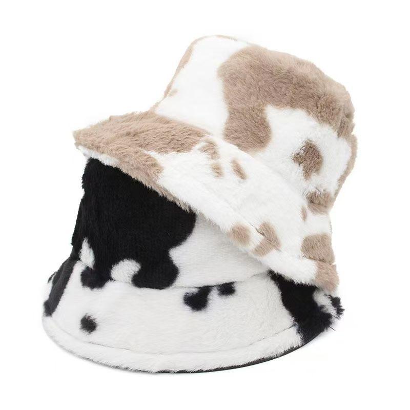 Black and white cow pattern bucket hat autumn and winter plush warm shopping versatile basin hat