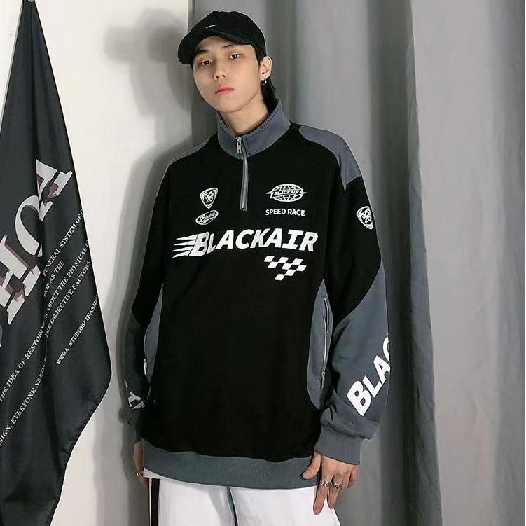 Vintage Street Letter Print Sweatshirt American Stitching Stand Collar Hoodies Men Women Long Sleeve Hip-hop Sports Top